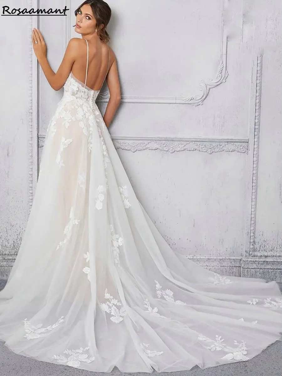 Gaun Pengantin A-Line Tali Spaghetti Ilusi Sederhana Gaun Pengantin Pedesaan Renda Applique Tanpa Lengan