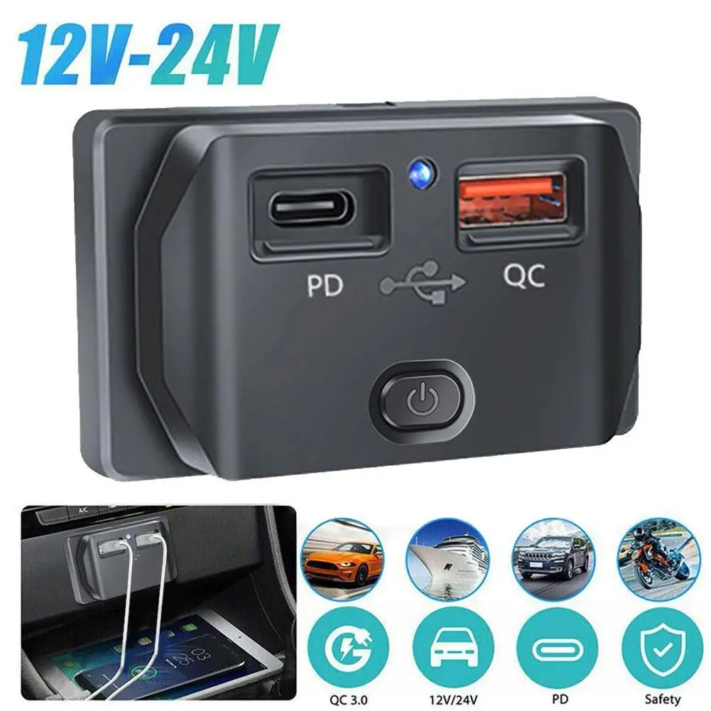 Enchufe de carga rápida USB para coche, motocicleta, RV, barco, PD tipo C, QC 3,0, interruptor de luz LED, toma de corriente de 12V/24V