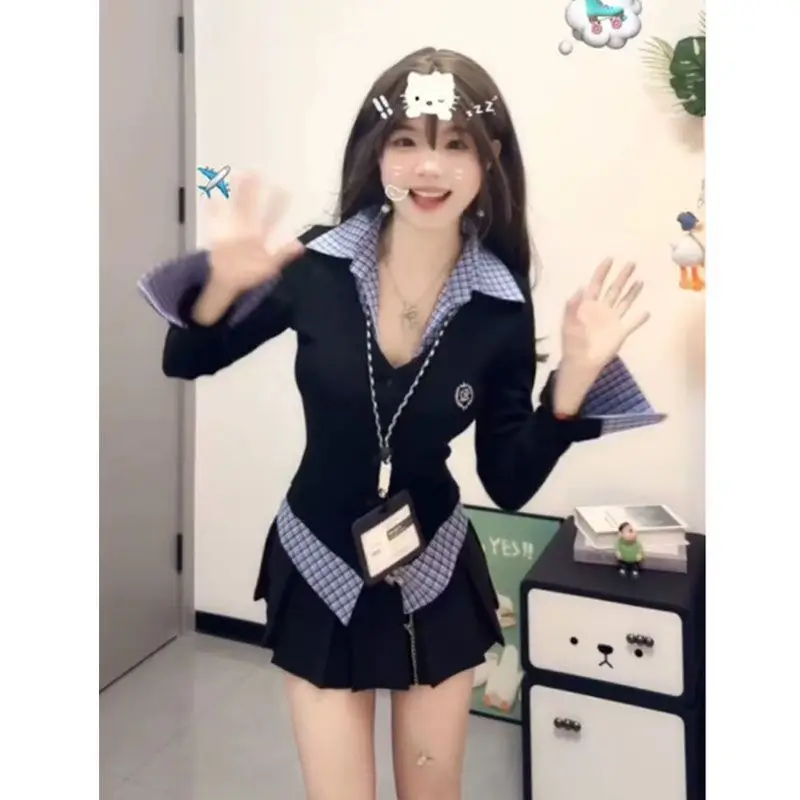 Chic ature College Sle Conjunto de dos piezas dulce y picante Conjunto de top y falda plisada orm Ne de la escuela coreana