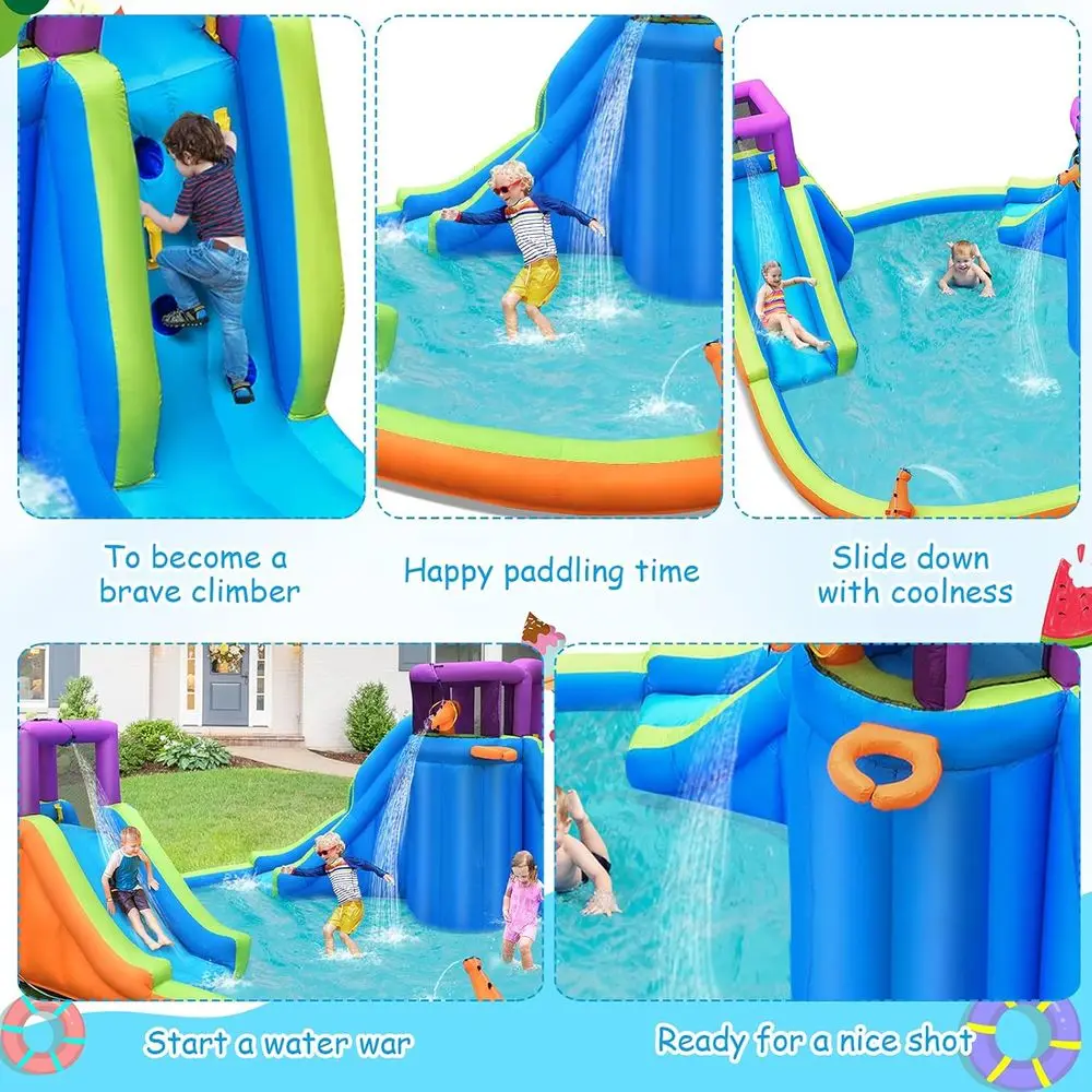 Iatable waterglijbanen voor kinderen, gigantische Splash n Slide waterkasteel met klimmuur en lange glijbaan, splashpool met waterpistool