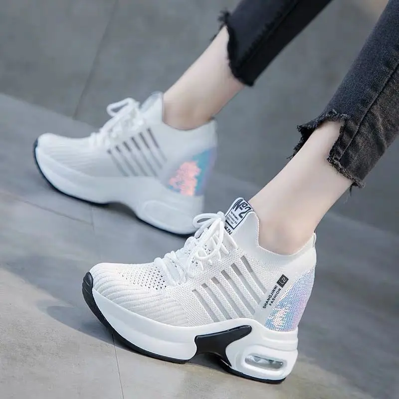 2022 Women\'s Sneakers Spring Sequined Casual Shoes Women Platform Heels Wedges Height Increasing Knitted Ladies Vulcanized Shoes