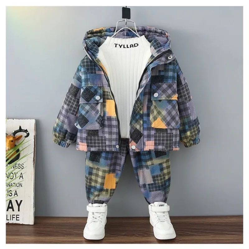 Boys\' Autumn and Winter Suit New Children\'s Plush Thickened Plaid Jacket Pants Baby Cool and Handsome Winter Two Piece Set