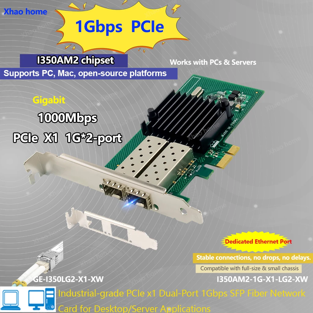 

I350AM2 Dual Port SFP Fiber NIC PCI-E X1/X4 Compatible Gigabit Ethernet Card for Server/Desktop 1000Mbps LC Multi/Single Mode