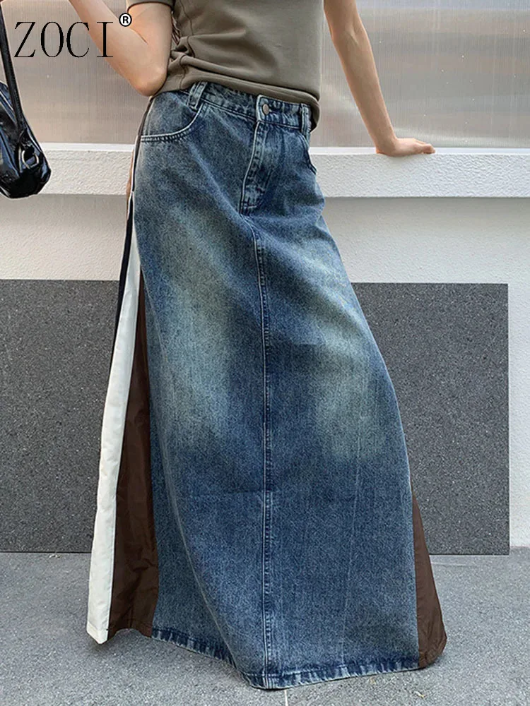 

ZOCI Fashion Contrast Color Patchwork Denim Skirt Women's High Waist Washed A-line Full-lenth Skirts 2025 New Tide FC1382