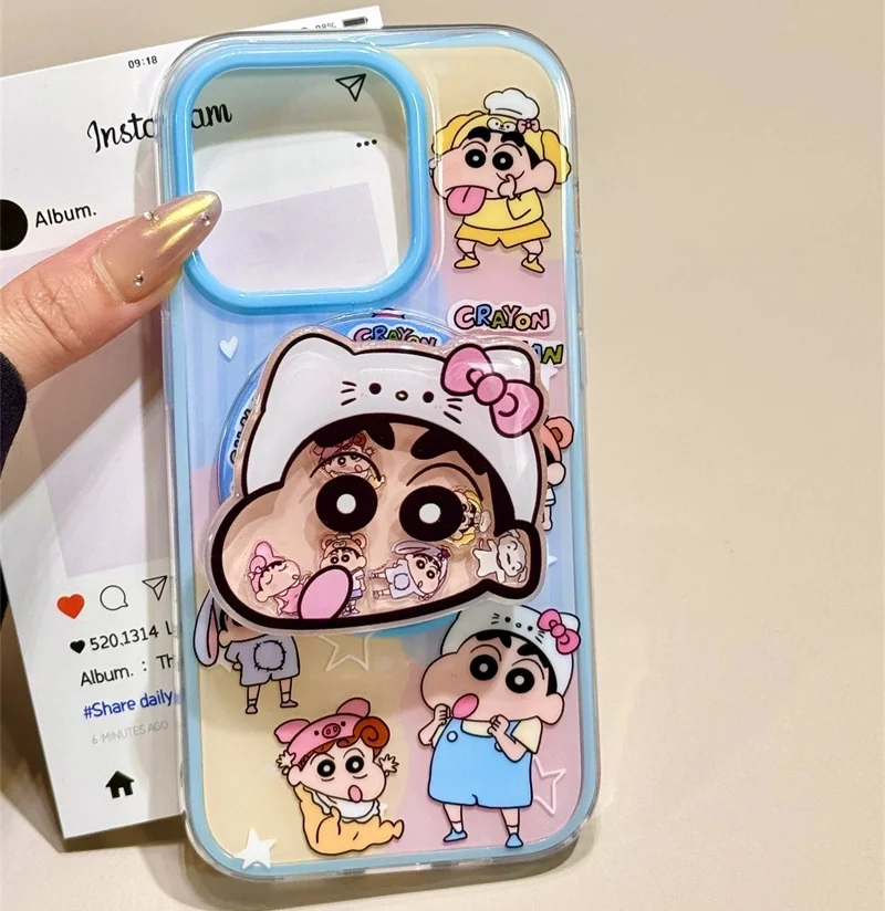

Cartoon Cute Crayon Shin-chan Pink Blue stripe Magsafe Wireless Charge Case For iPhone 13 14 15 16 Pro Max Shake Magnetic Holder