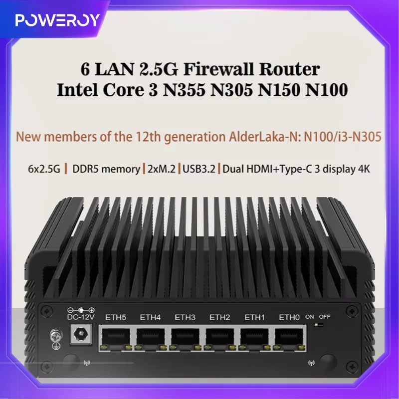 6 LAN i226-V 2.5G 12th Gen Intel Core 3 N355 N305 N150 Firewall Mini PC DDR5 2 xhdmi2.1 USB3.2 typ-C pfSense Proxmox
