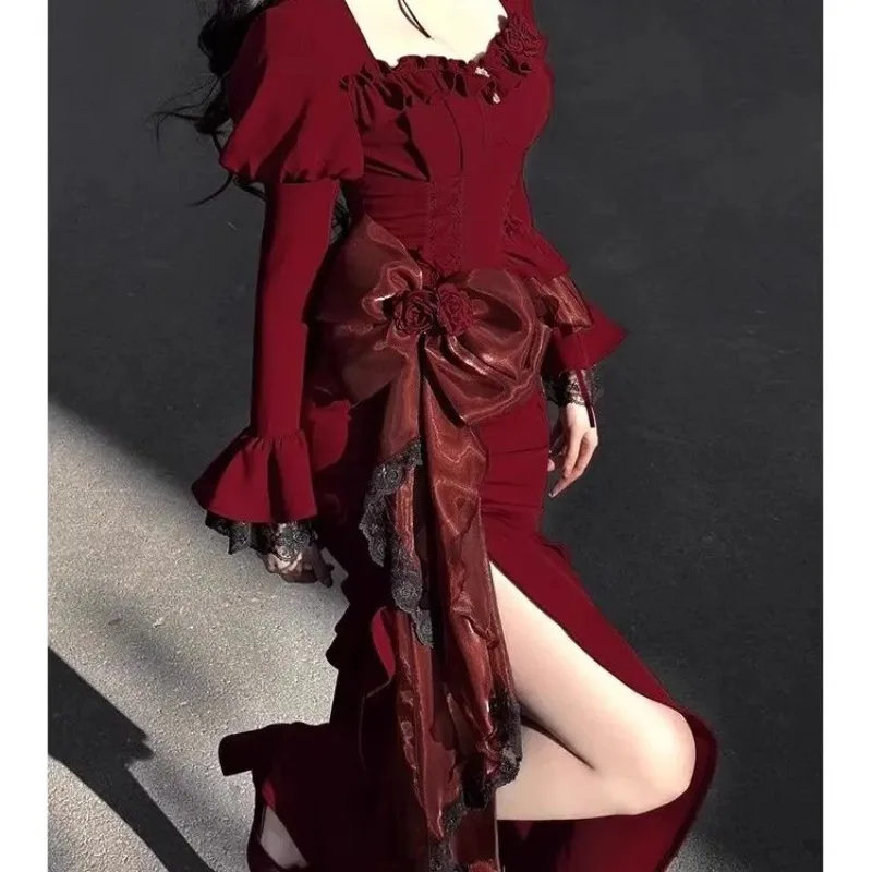 

2026 Spring New Red Elegant Long Sleeve Slimming Dress French Retro Fashion Birthday Party Banquet Dress for Women