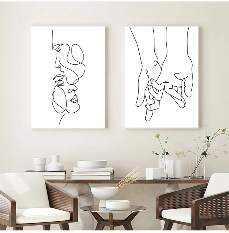 Line Drawing Couple Hand Love Kiss Wall Art Canvas Painting Nordic Posters And Prints Minimalist Wall Pictures For Living Room