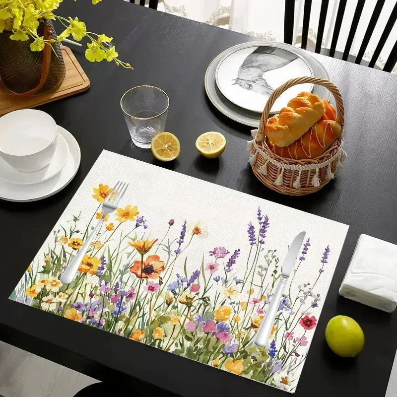 VIKAMA Placemat Watercolor Wildflowers Print, Waterproof Oil-Proof Heat-Resistant Woven Dining Table Mat for Home