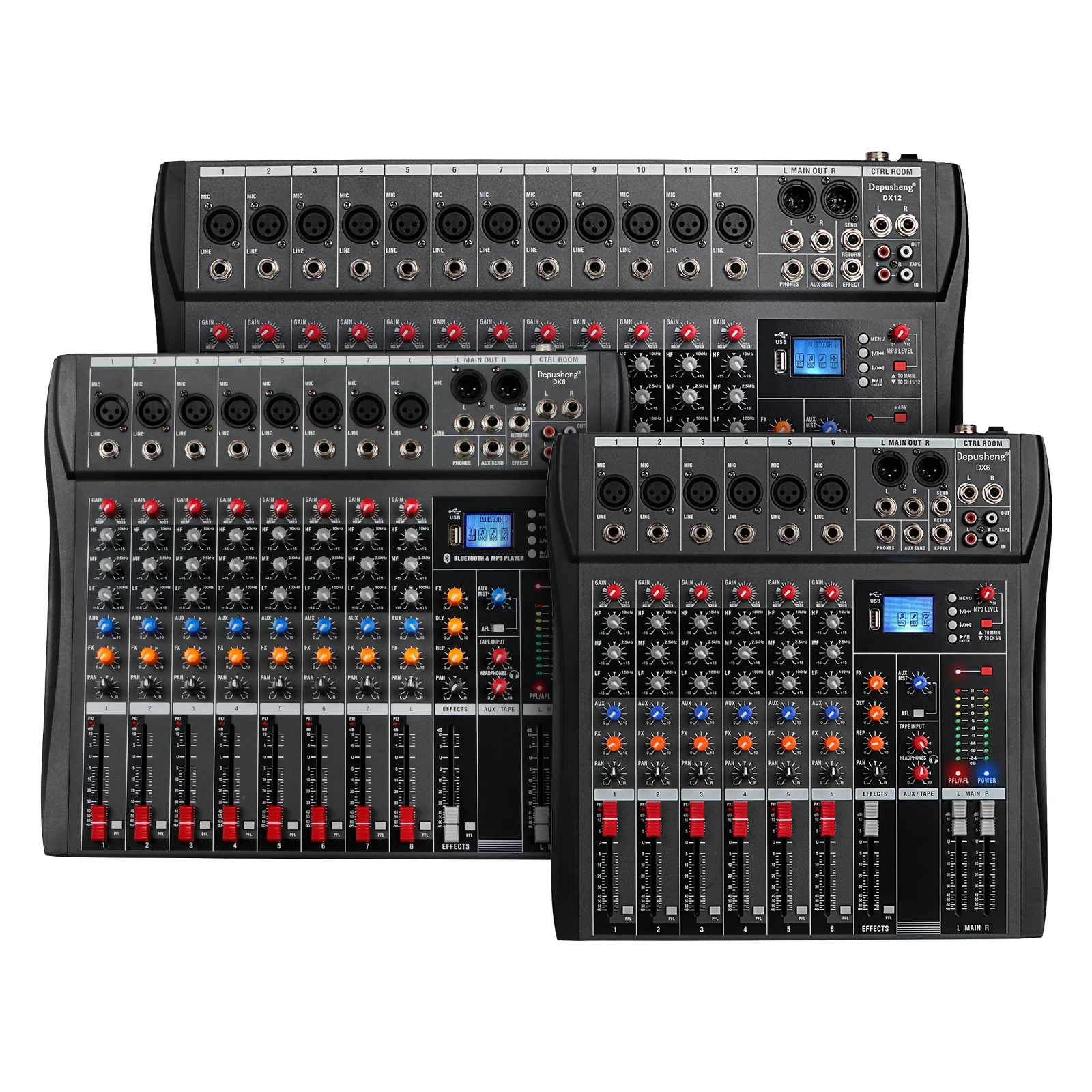 DEPUSHENG DX12 Professioneller Audio-Mixer 12-Kanal Studio-Audiokonsole USB MP3-Eingang 48V Phantomspeisung DJ-Konsole – Detail 4