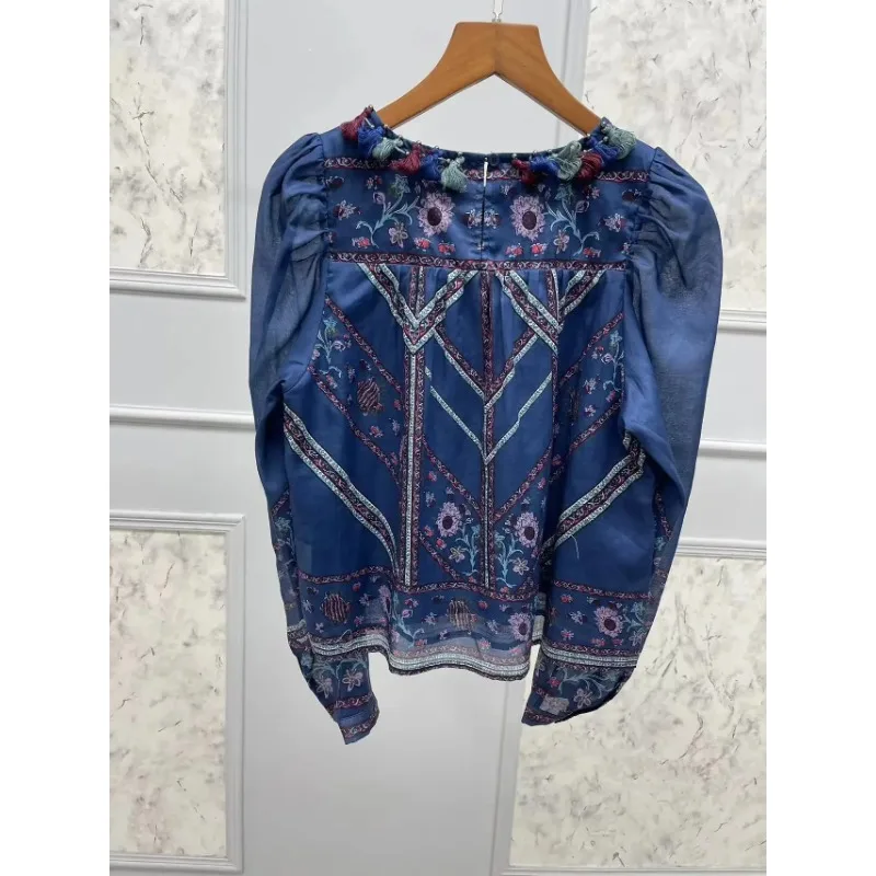 LUXURY-Retro Tassel Pullovers, Round Neck, Contrasting Flower Top, Ethnic Style, Autumn, Winter, New, 2024