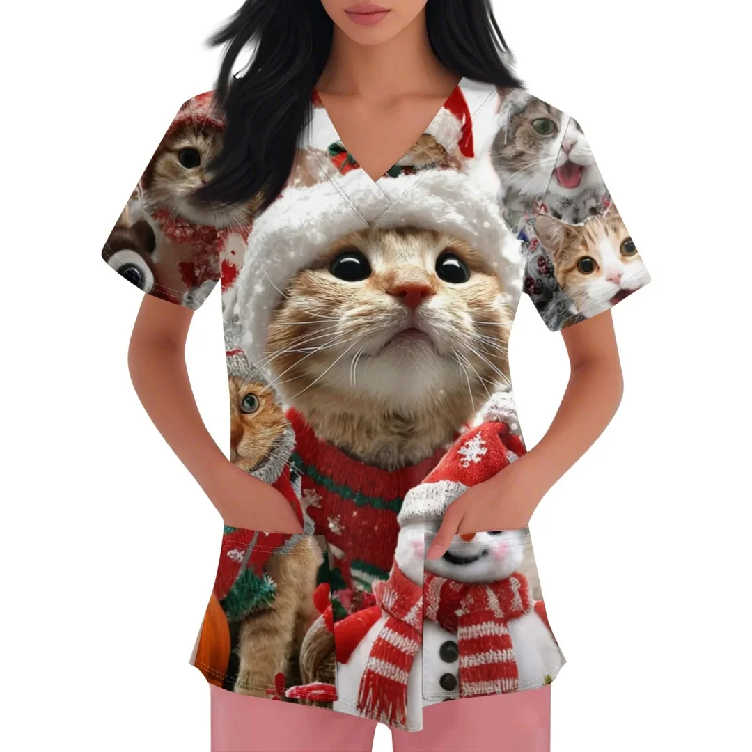 ชุดยูนิฟอร์มพยาบาลหญิงลายคริสต์มาสลายตุ๊กตาหิมะ คอวี แขนสั้น มีกระเป๋า พิมพ์ลายซานต้า