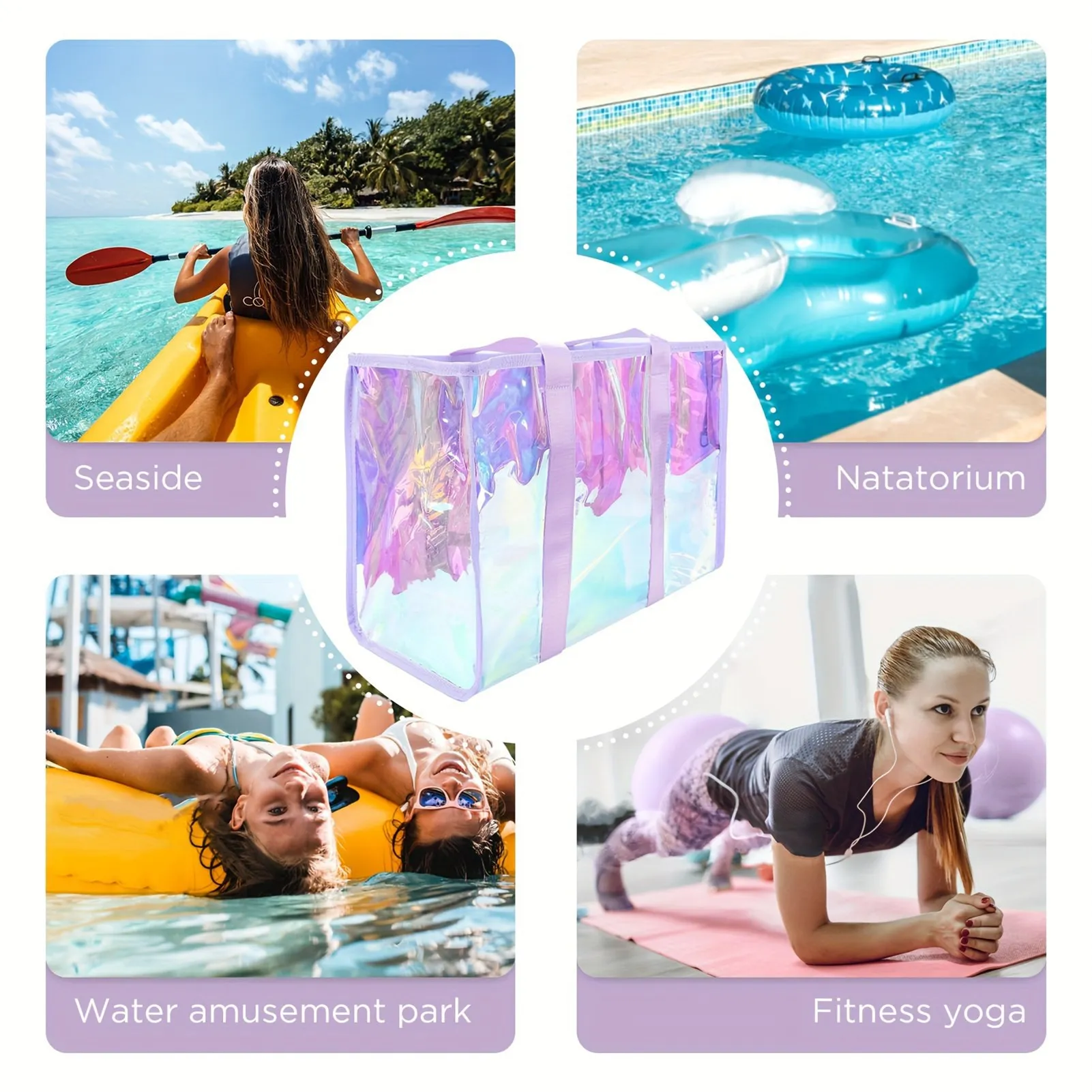 Strandtasche, durchsichtig, großes Fassungsvermögen, multifunktionale schillernde Strandtasche für Pool, Strandtasche, bunte Strandtasche, schillernde Strandtasche