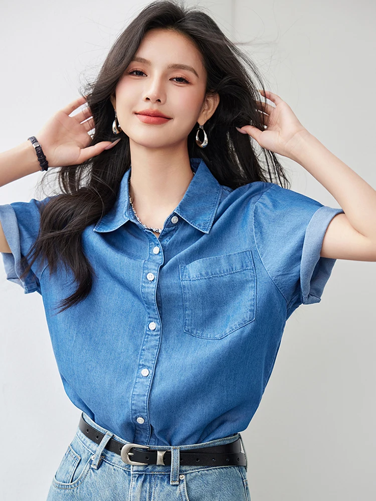 Denim Top Women Short Sleeve Button Down Shirt 2024 Summer Fashion Turn-down Collar Blouse Office Lady Vintage Jean Shirt