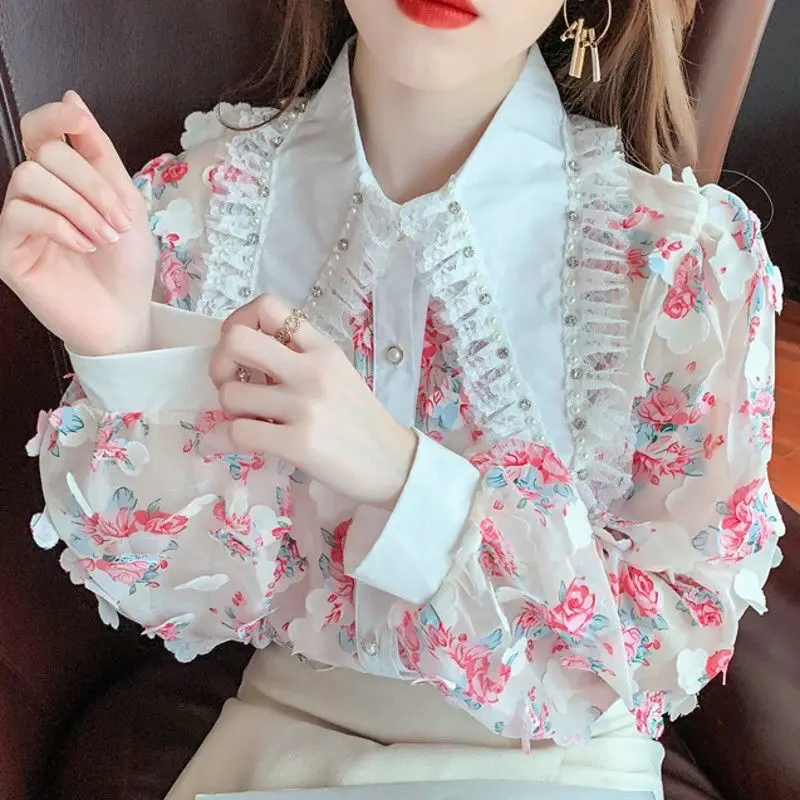 Sweet Peter Pan Collar Lace Diamonds Floral Shirts Women\'s Clothing 2023 Autumn Loose Korean Tops Office Lady Blouses