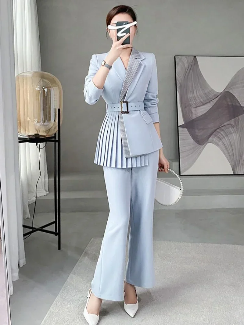 Women's Blazer and Pants Two Piece Set Wear To Work Wide Leg Spring Autumn Blue Ladies Trouser Splicing Suits Office Outfit Full