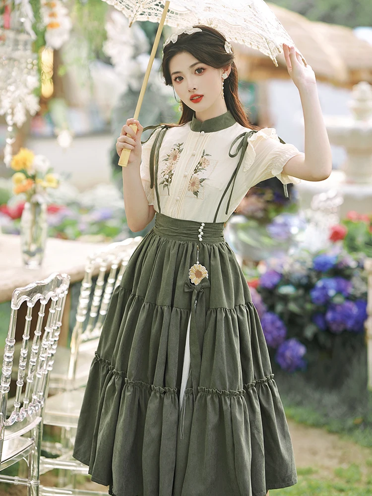 Lolita Style Two Piece Skirt Set Women Spring Autumn Shirt Sleeve Shirt and Lace Patchwork Long Skirts Outfits