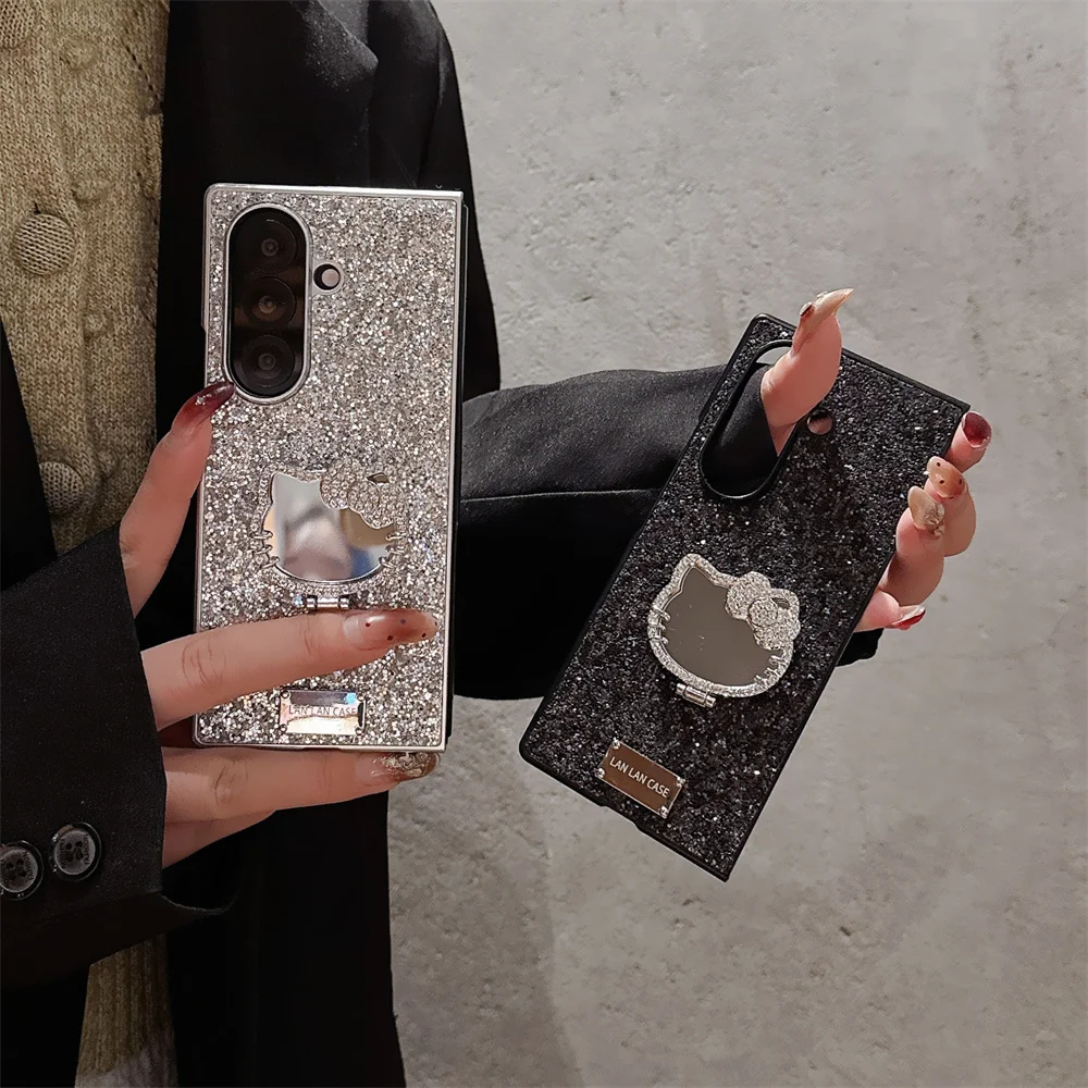 

Glitter Diamond Hellokitty Luxury Phone Case with Mirror Stand for Samsung Galaxy Z Fold 7 6 5 4 Fold 6 Fold7 fold5 Cover Fundas