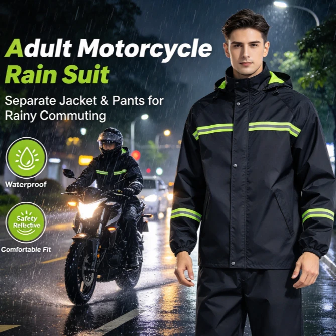 Men's Motorcycle Rain Suit, Split Type Rain Jacket & Pants Set, Heavy Rainproof Reflective Cycling Rainwear for Delivery Riders