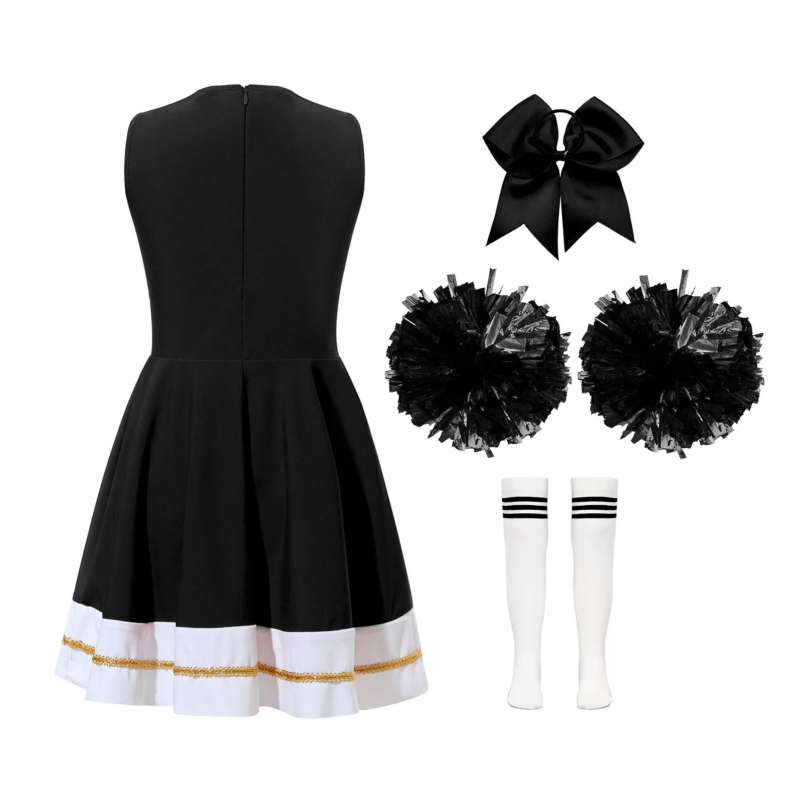 Kids Girls Cheerleading Performance Outfit Cheer Uniform Dress with Headwear Ball Flowers Socks for Jazz Dance Sports Meeting