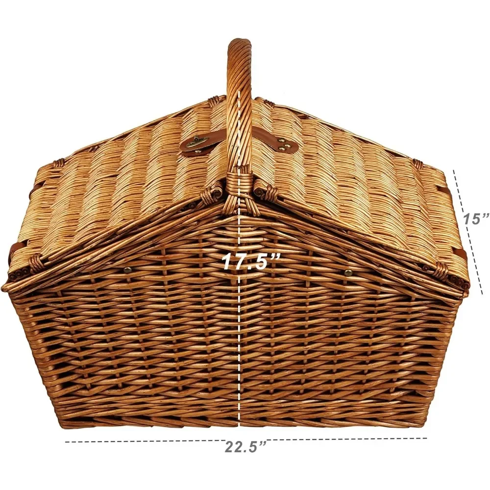 English-Style Willow Picnic Basket with Service for 4 and London Plaid Blanket - Perfect Outdoor Companion