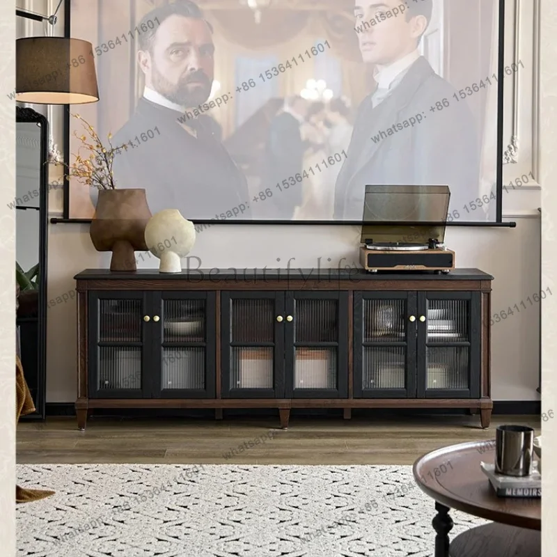 YJ American Retro Solid Wood TV Storage Cabinet Integrated Black Premium Living Room French TV Cabinet