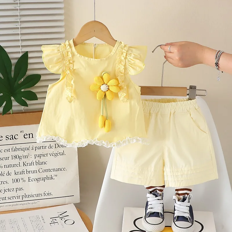 Sweet Baby Girl Spliced Sleeveless Three-dimensional Flower Multi Sleeveless Top Summer New Children's Shorts Two-piece Set