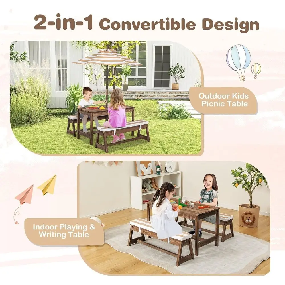 Children's Outdoor Wooden Picnic Table Set with Removable Cushions and Umbrella, Striped Fabric, Suitable for Ages 3+