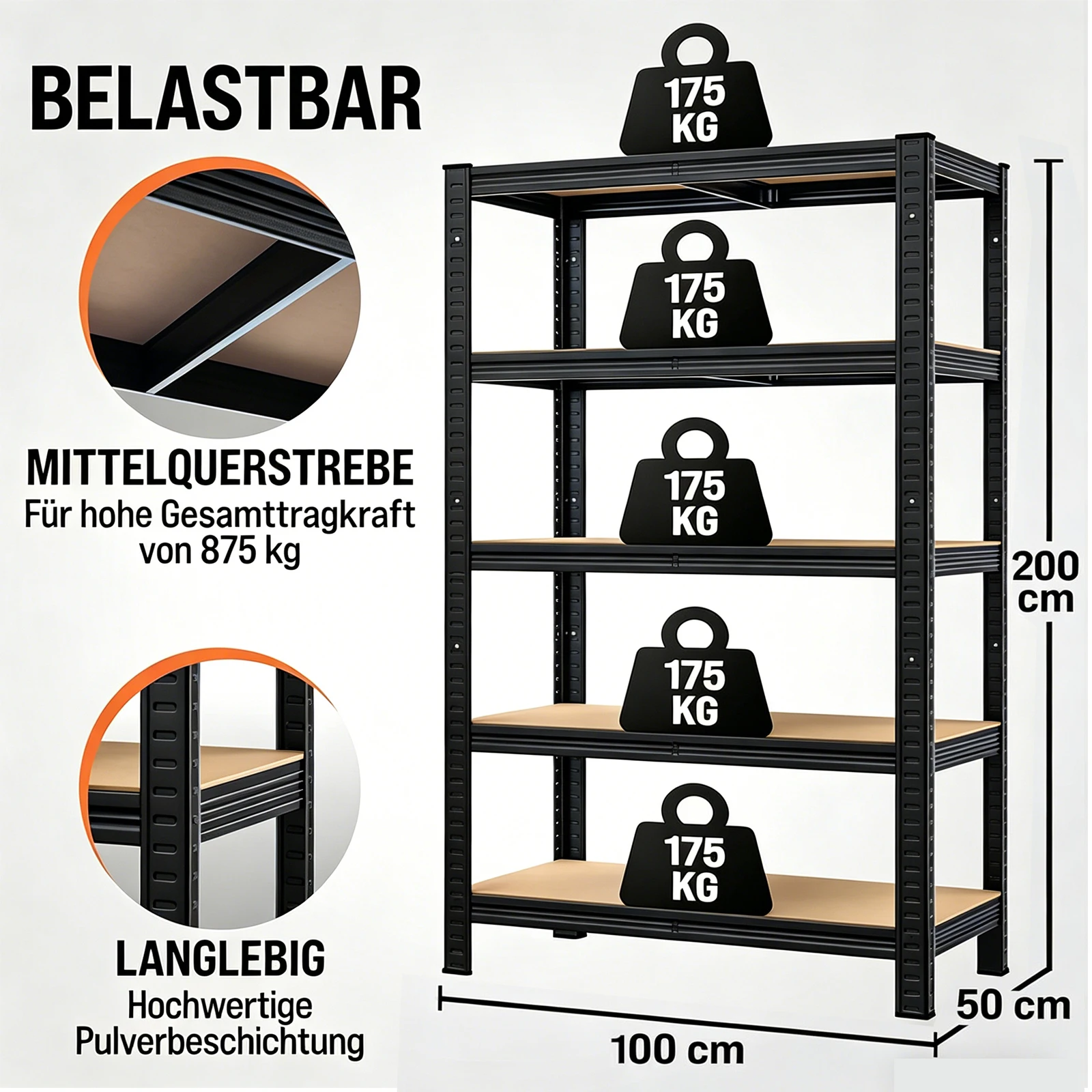 Scaffalatura a 5 livelli con piano di lavoro, 200x100x50cm, portata 875 kg, 175 kg per livello, scaffalatura per seminterrato, colore nero