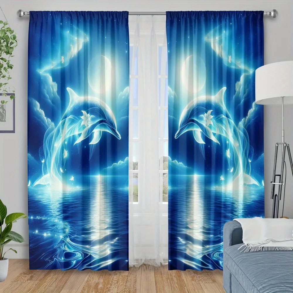 Glowing Dolphin Rod Pocket Curtain Luminous Dolphin Moon Star Sea Blue Marine Decor Bedroom Living Room Home Window