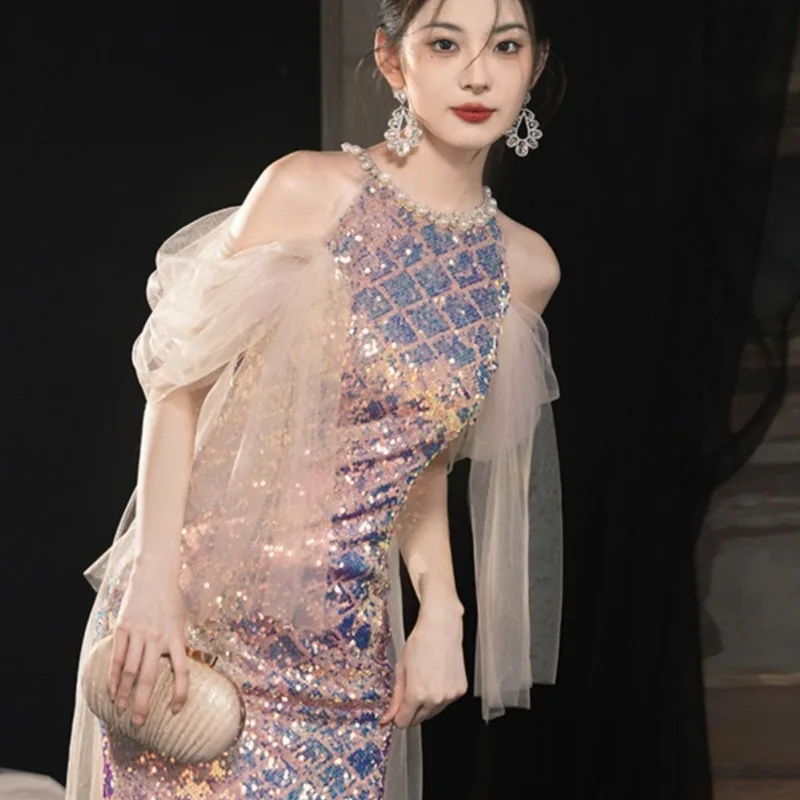 

Evening Dress Women's 2026 New High-end Host Bar Mitzvah Birthday High-end Light Luxury Niche Dress with Sweet and Temperament