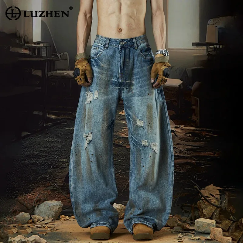 

LUZHEN Wornout Patched Patchwork Tie-dyed Design Wide Leg Jeans Men 2025 New Trendy Streetwear Loose Vintage Denim Pants JY2455