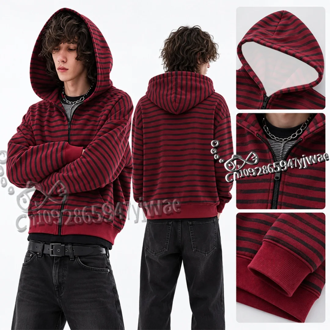 Casaco com capuz e fecho, listrado em vermelho e preto, estilo vintage, corte folgado, ideal para outono e inverno, estilo punk, coleção Y2K, roupa pa