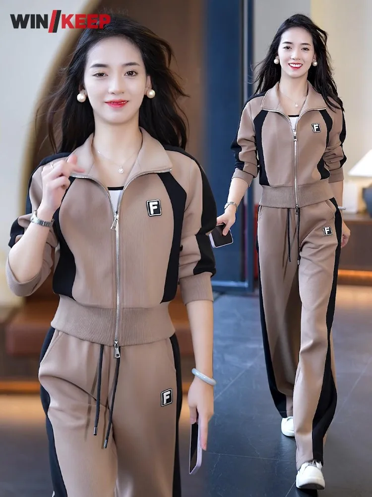 New Fashion Autumn Women Outdoor Zipper Turn Down Collar Jacket Fitness Patchwork Two Piece Running Set Wide Leg Pants Tracksuit