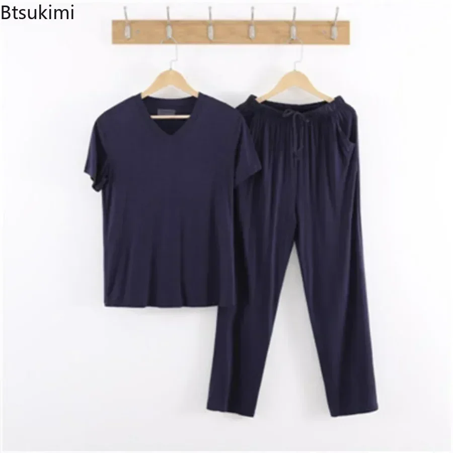 2026 Men's Casual Modal Pajamas Sets Soft Two-piece Short Sleeved and Pants Sets Loose Breathable Home Wear Suit Sleepwear Sets