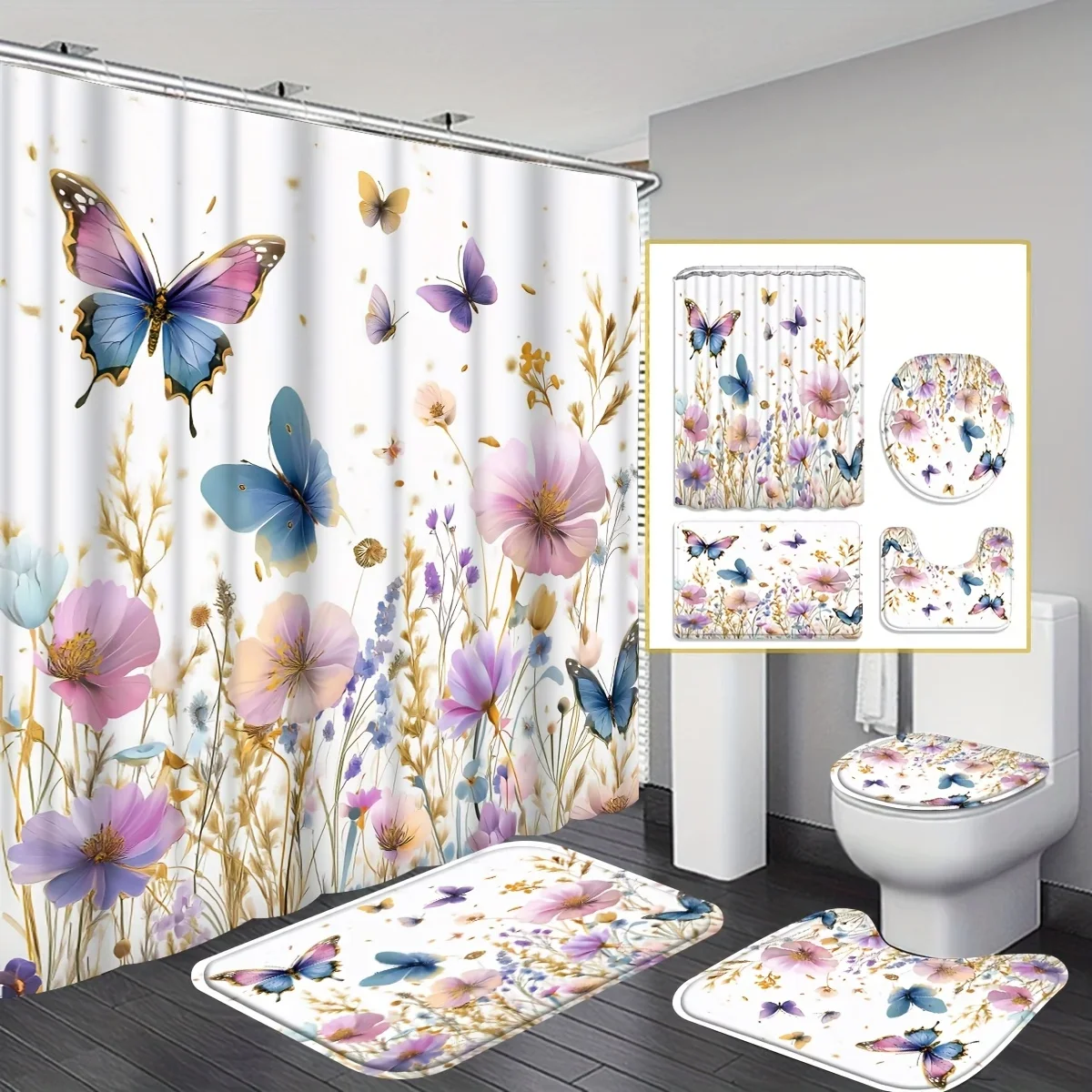 

Набор из четырех предметов для ванной комнаты с весенним цветочным бабочкой - занавеска для душа в пасторальном стиле с крючками и нескользящим ковриком U-образное сиденье для унитаза