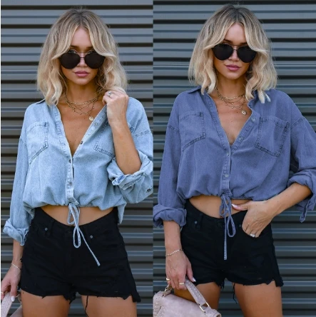

Women's Fashionable Blouses 2024 Autumn Winter Latest Versatile Double Pocket Loose Shirt Solid Long Sleeves Denim Cardigan Top