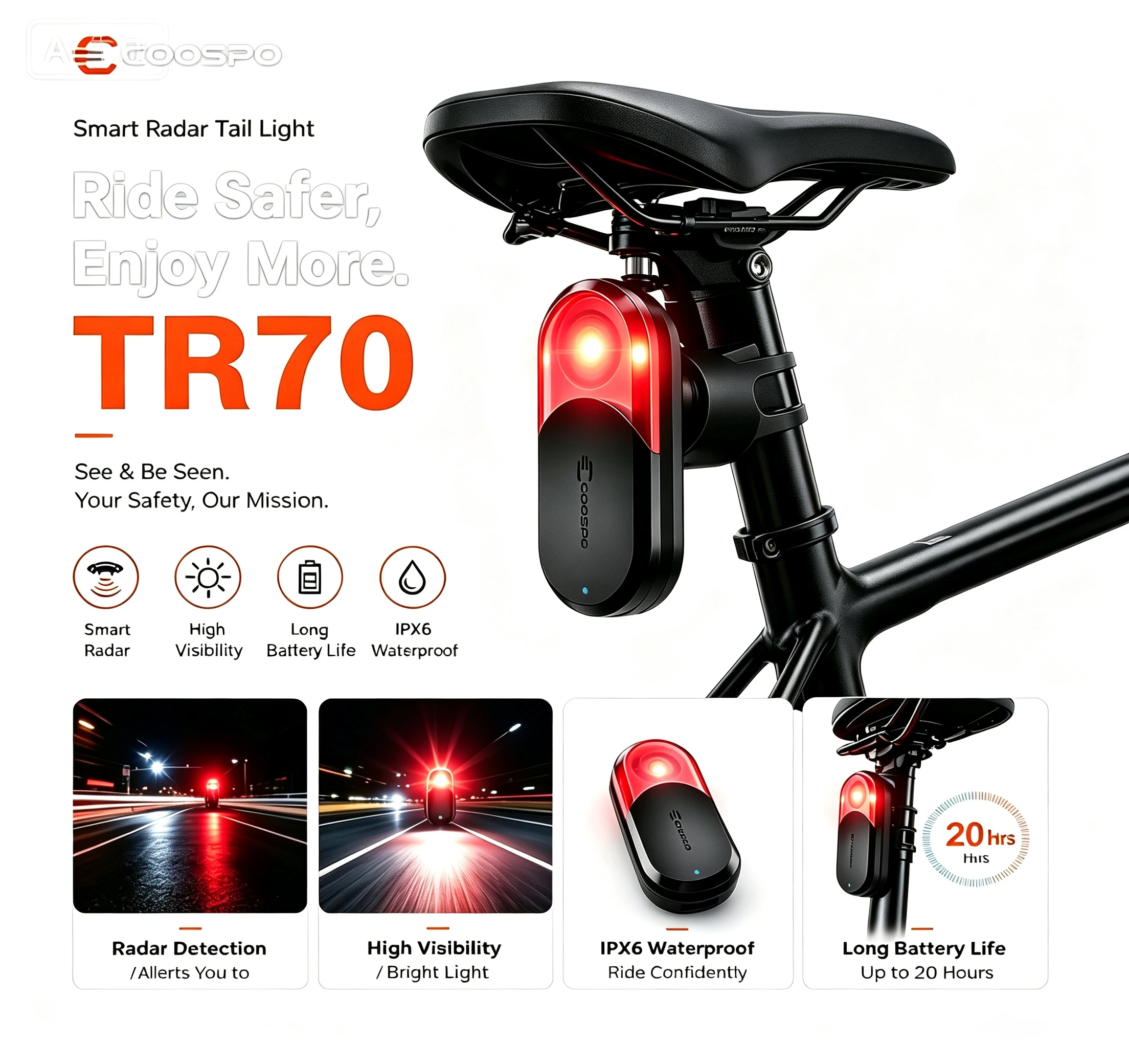 Coospo TR70 Smart Bike Radar Tail Light 140m Vehicle Detection 40° Blind Spot Alert Bicycle Rear Light ANT+ Bluetooth IP67