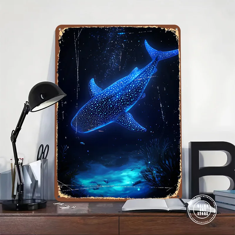 Glowing Whale Shark in Deep Blue Sea Printed Poster Customized Wall Art Retro Vintage Metal Tin Signs for Home Custom Plate Deco