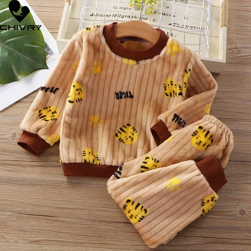 New Autumn Winter Kids Thicken Warm Flannel Pajamas Sets Baby Boys Girls Cartoon Long Sleeve O-neck Sleepwear Clothing Pyjamas