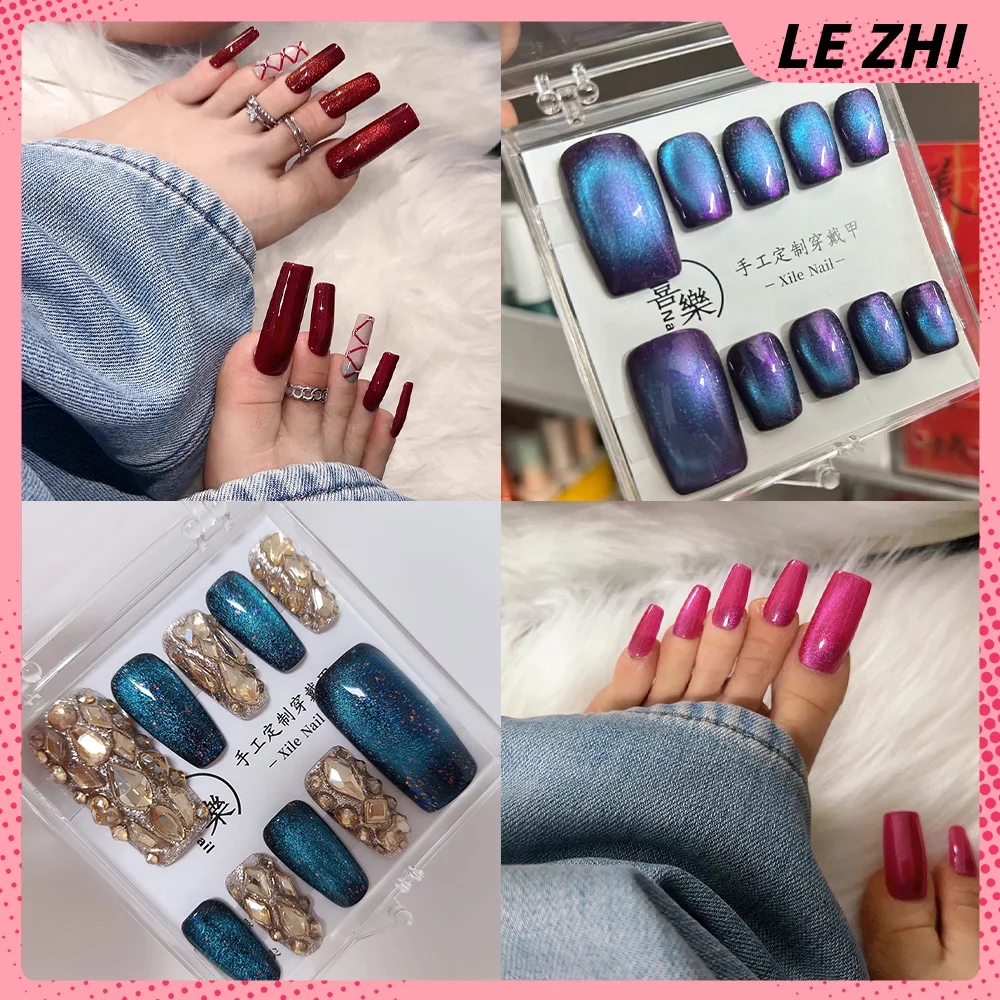 Sparkling Cat Eye Diamond Stars Foot Nail Patch Deep Blue Red Long Rectangular Toenails Sticker Beach Vacation Accessories