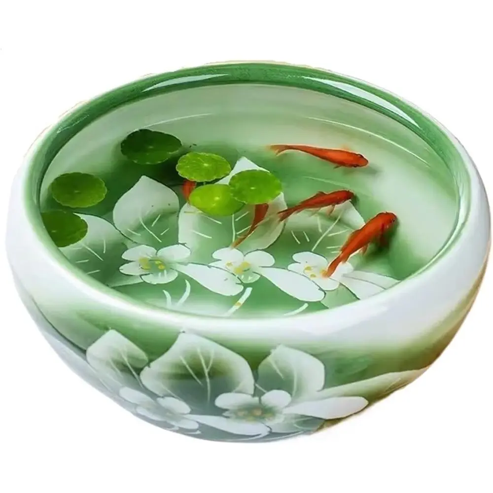 

Handcrafted Green Lotus Ceramic Fish Bowl for Desktop, Suitable for Goldfish and Turtles, Planter Included (50x50x23cm)