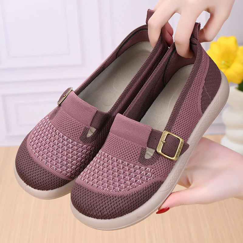 

summer new women's flats leisure shoes breathable comfortable anti-skid thick-soled solid color woven leisure mom shoes