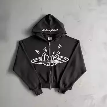 American Retro ZipUp Jaet Gothic Letter Star Print Hoodie Street Sle Long Sve Mid-Length Zippered Hooded Coat