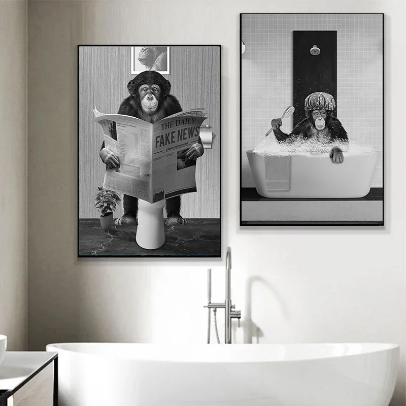 Bathroom Funny Monkey Poster Black and White Bathtub Animal Reading Newspaper Canvas Painting Wall Art Picture for Home Decor