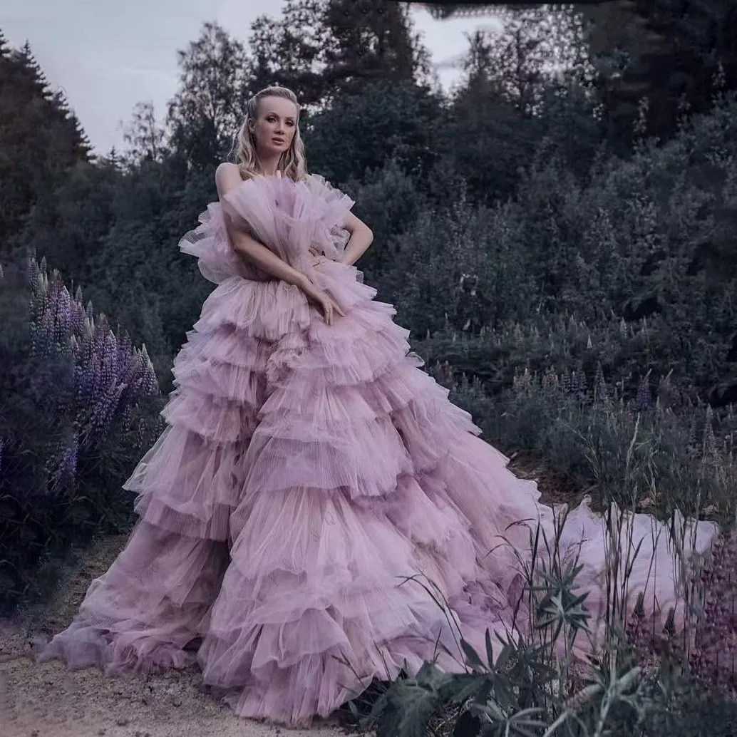 Fotografie Prinses Galajurken Op maat gemaakte gelaagde lila feestjurk Off-shoulder strapless galajurken A-lijn gelaagd