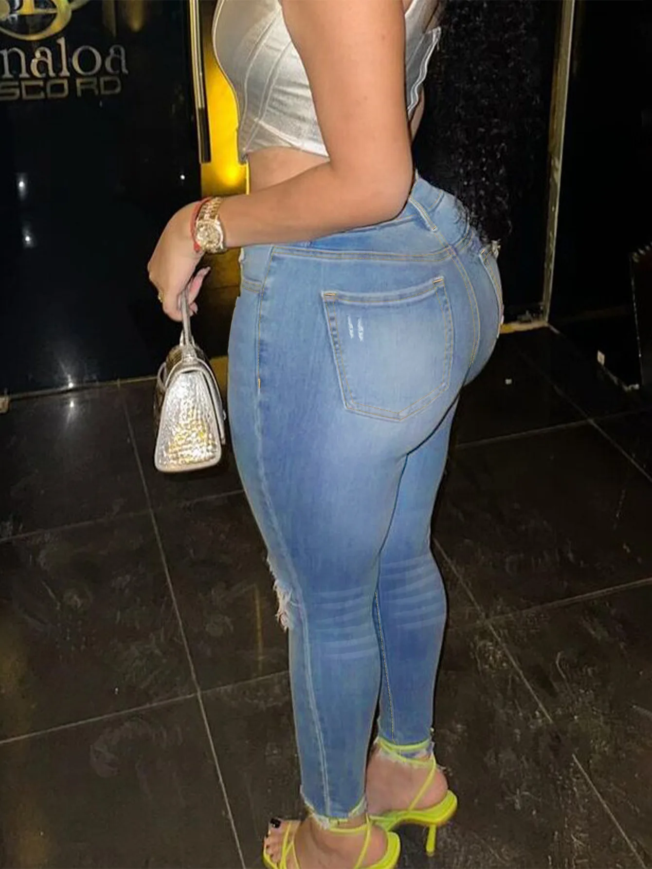 جينز ممزق بقصة ضيقة للنساء، جينز مطاطي، جينز قصير مريح كاجوال نحيف #3