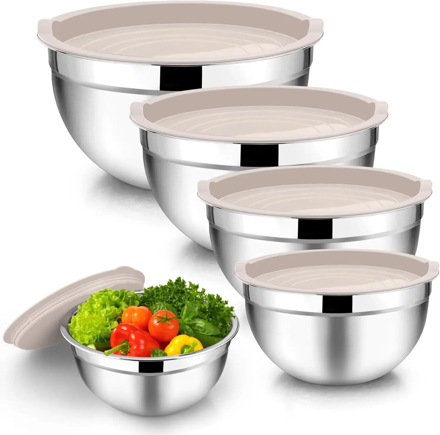 

5-Piece Stainless Steel Mixing Bowls with Airtight Lids, Nesting Salad Bowls for Kitchen, Dishwasher Safe, 4.5/3/1.5/1/0.7 QT