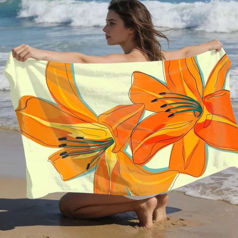 Hand Drawn Orange Lily Floral Beach Towel Soft Lightweight Towel Summer Beach Pool Holiday Home Accessory