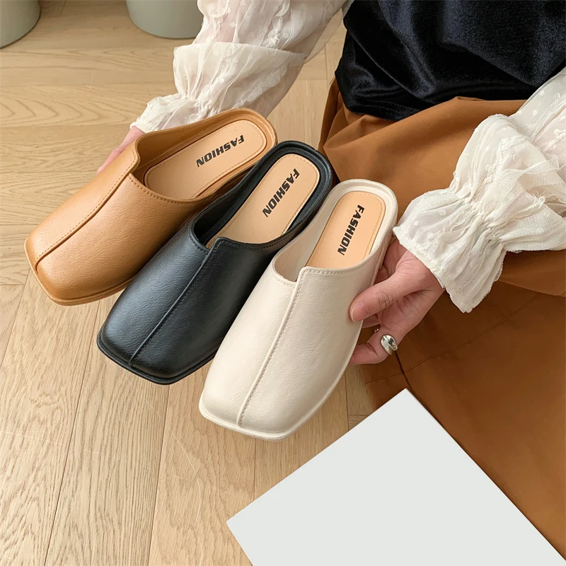 Women's New PVC Summer Sandals Fashion Solid Color Daily Leisure Low-Heeled Outdoor Half Slippers